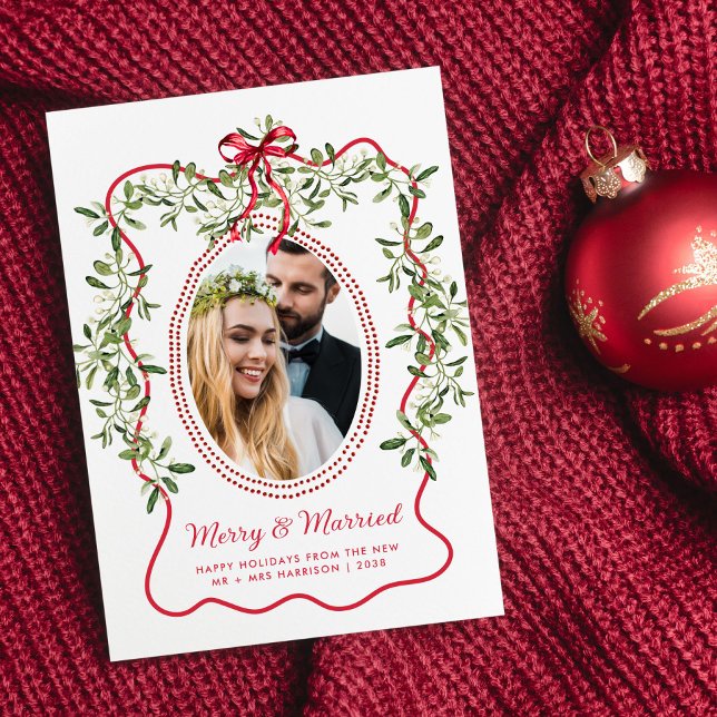 Merry Married Wavy Frame Newlyweds Christmas Photo Holiday Card (Creator Uploaded)