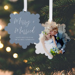 Merry Married Wedding Photo Dusty Blue Christmas Tree Decoration Card<br><div class="desc">Modern dusty blue holiday greeting card and wedding announcement that is also a keepsake tree ornament. The front features "Merry and Married" in a chic white script and your married name in simple white typography. Your favourite wedding day photo fills the back of the card.</div>