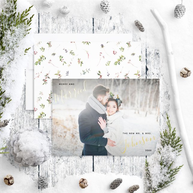 Merry & Married Winter Berry Wedding Photo Foil Holiday Card (Creator Uploaded)