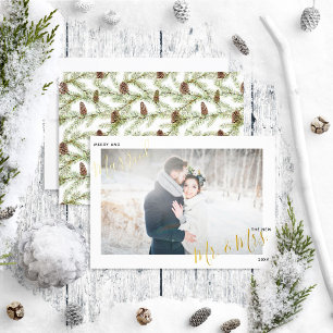 Merry & Married Winter Fir Cone Wedding Photo Foil Holiday Card