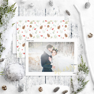 Merry & Married Winter Pine Berry Wedding Photo  Foil Holiday Card
