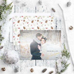 Merry & Married Winter Pine Berry Wedding Photo Foil Holiday Card