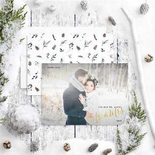 Merry & Married Winter Pinecone Wedding Photo Foil Holiday Card
