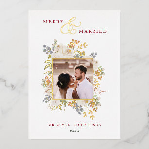Merry & Married Winter Roses & Berries Photo Foil Holiday Card