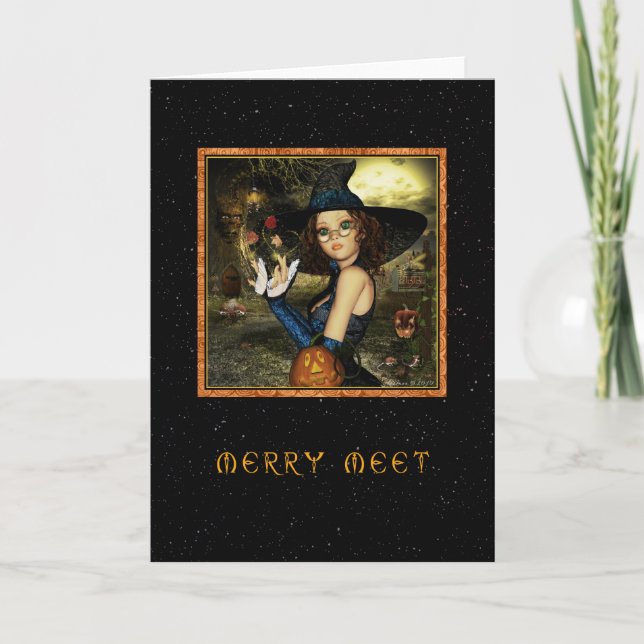 Merry Meet - Cute Witch Star Sky Holiday Card (Front)