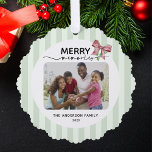 Merry Memories 2 Photos Christmas Ornament<br><div class="desc">This paper Christmas ornament features space for 2 photos framed within a soft, light green striped border on the front and a rich red on the back. At the top, the phrase “MERRY memories” is prominently displayed, blending a bold, festive font with elegant calligraphy script. A red and green ribbon...</div>