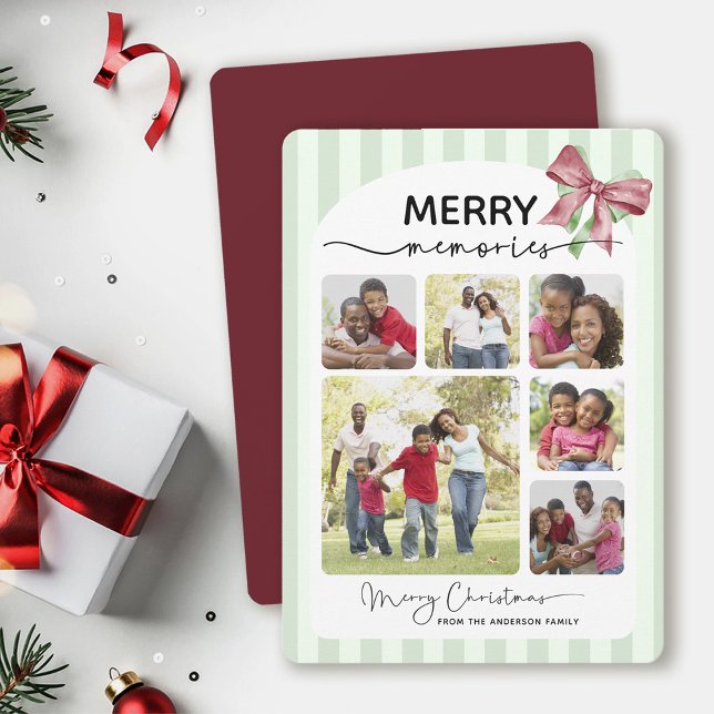 Merry Memories Photo Collage Message Bow Christmas Holiday Card (Creator Uploaded)