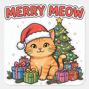 Merry Meow Sticker — Orange Tabby Cat Santa Hat