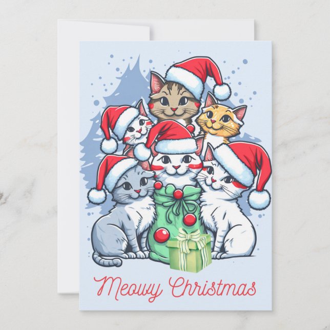 Merry Meowy Christmas Santa Cats with Presents  Holiday Card (Front)