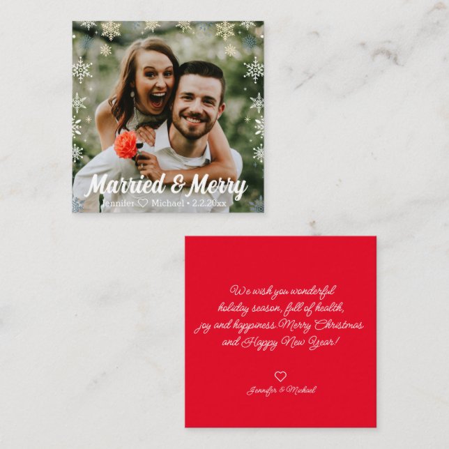 merry&merried,snowflakes holiday photo wedding  card (Front/Back)