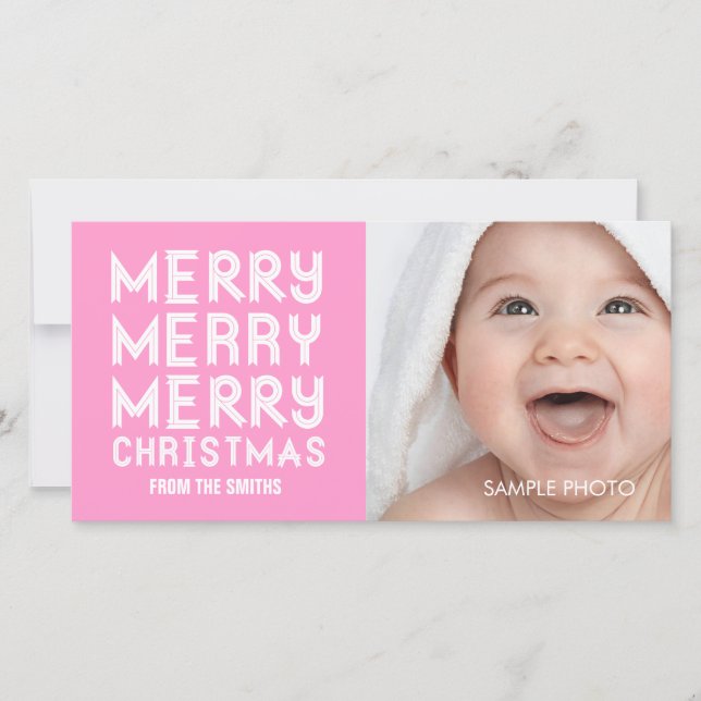 MERRY MERRY CHRISTMAS HOLIDAY PHOTO CARD PINK (Front)