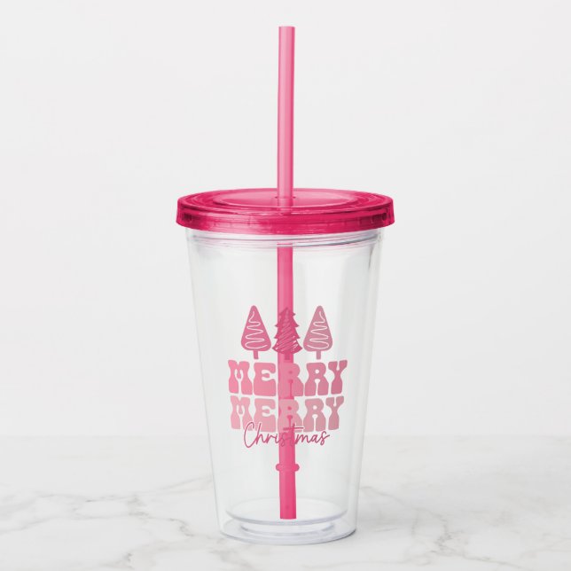 Merry Merry Christmas - Pink Holiday Design Acrylic Tumbler (Front)