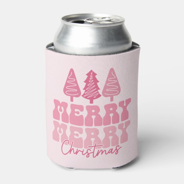 Merry Merry Christmas - Pink Holiday Design Can Cooler (Can Front)