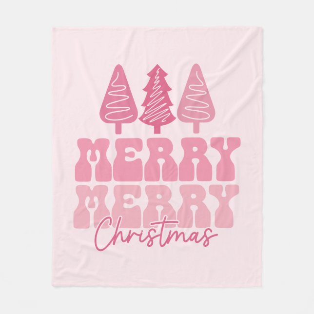 Merry Merry Christmas - Pink Holiday Design Fleece Blanket (Front)