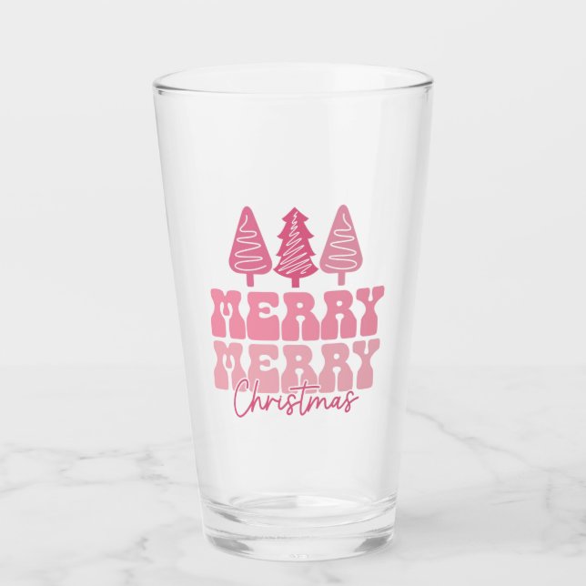 Merry Merry Christmas - Pink Holiday Design Glass (Front)