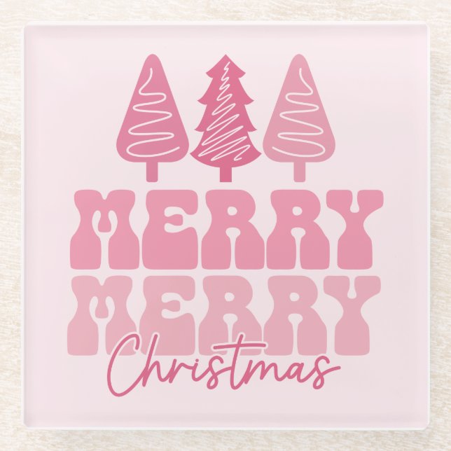Merry Merry Christmas - Pink Holiday Design Glass Coaster (Front)