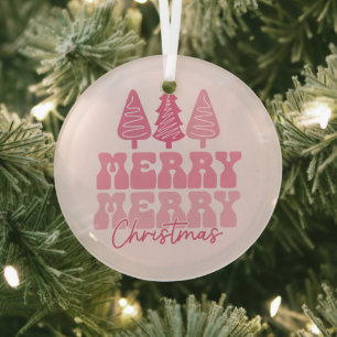 Merry Merry Christmas - Pink Holiday Design Glass Tree Decoration
