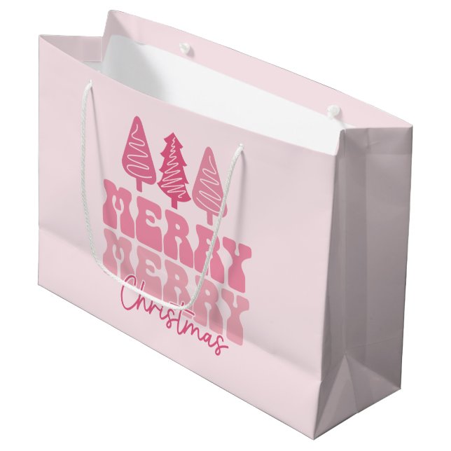 Merry Merry Christmas - Pink Holiday Design Large Gift Bag (Front Angled)