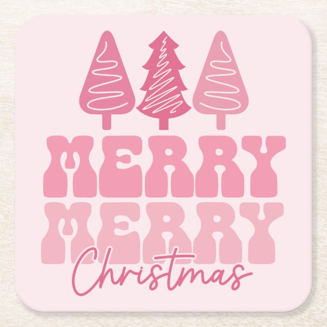 Merry Merry Christmas - Pink Holiday Design Square Paper Coaster (Front)