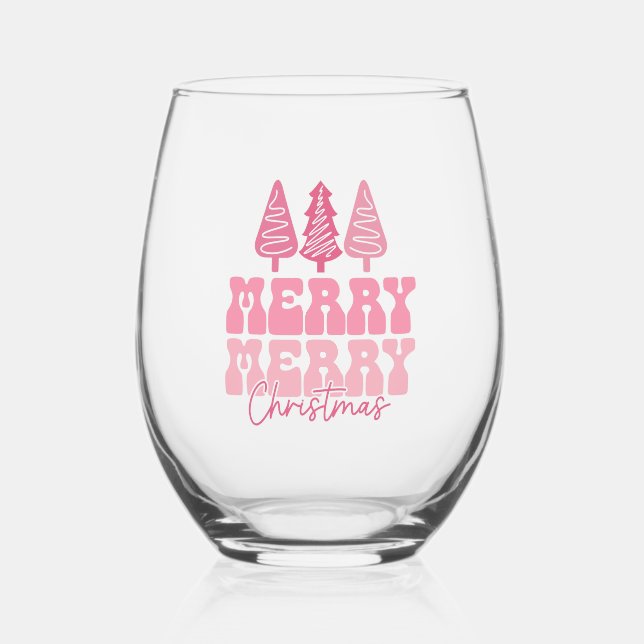 Merry Merry Christmas - Pink Holiday Design Stemless Wine Glass (Front)