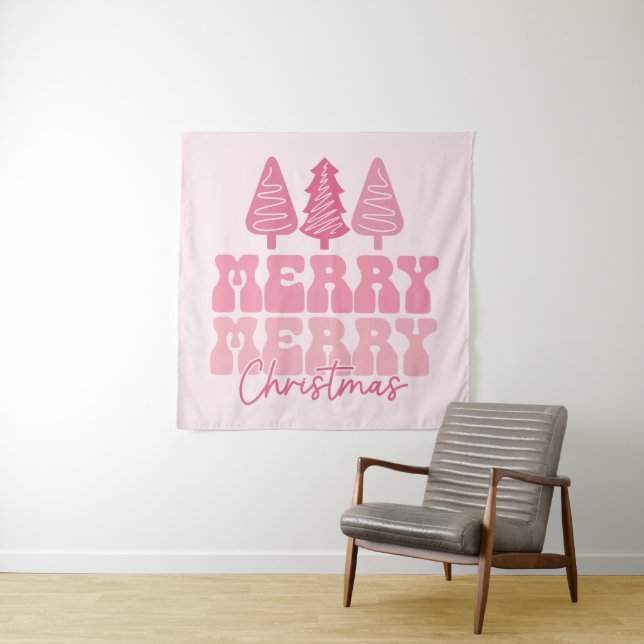 Merry Merry Christmas - Pink Holiday Design Tapestry (In Situ)