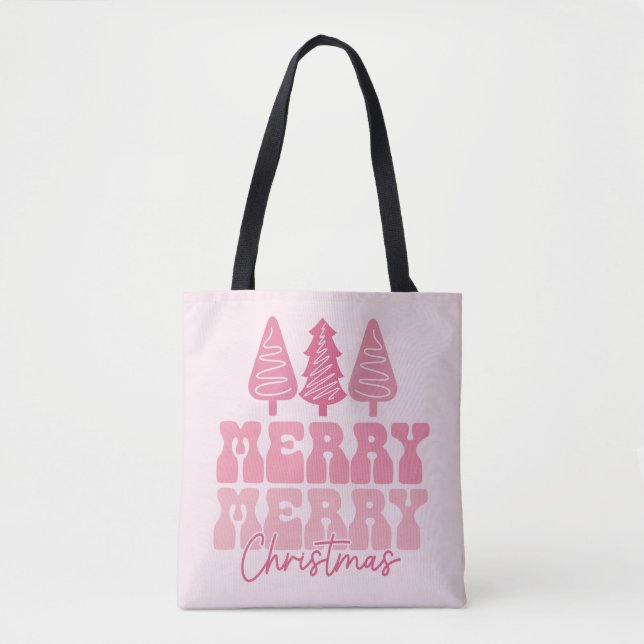 Merry Merry Christmas - Pink Holiday Design Tote Bag (Front)