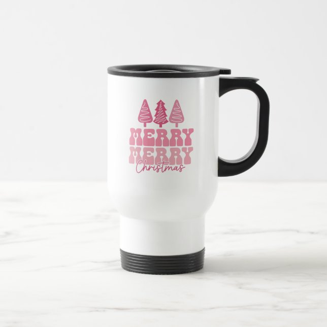 Merry Merry Christmas - Pink Holiday Design Travel Mug (Right)