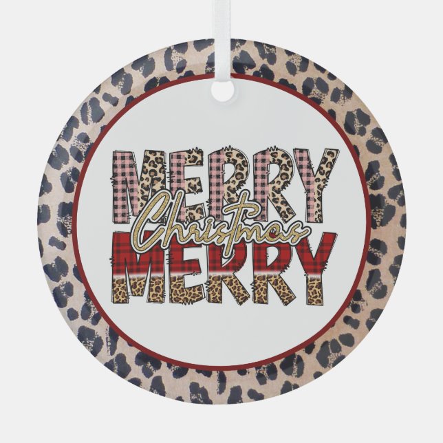 Merry Merry Christmas with leopard and plaid print Glass Tree Decoration (Front)