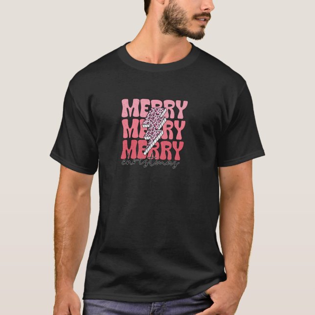 Merry Merry Merry Christmas Pink Leopard Bolt Pull T-Shirt (Front)