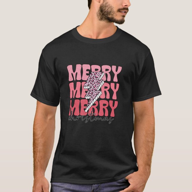 Merry Merry Merry Christmas Pink Leopard Bolt  T-Shirt (Front)