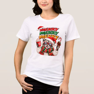 Merry Merry Merry Christmas Racoon Hot Cocoa Tri-Blend Shirt
