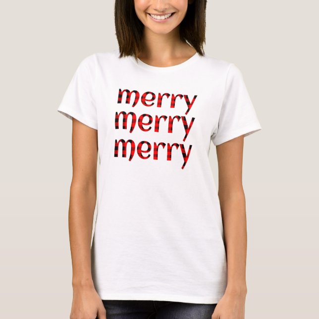 Merry Merry Merry Saying Buffalo Plaid T-Shirt (Front)