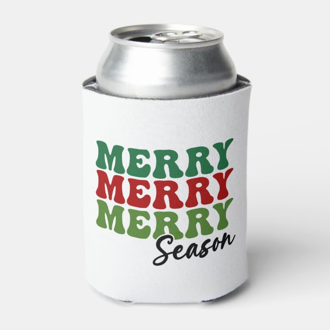 Merry Merry Merry Season - Retro Holiday Art Can Cooler (Can Front)