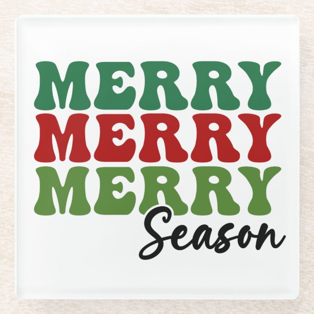Merry Merry Merry Season - Retro Holiday Art Glass Coaster (Front)
