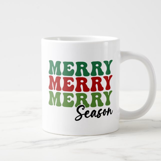 Merry Merry Merry Season - Retro Holiday Art Large Coffee Mug (Right)