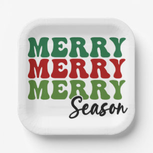 Merry Merry Merry Season - Retro Holiday Art Paper Plate