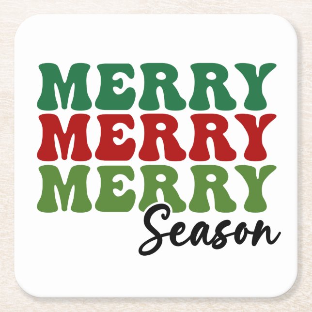 Merry Merry Merry Season - Retro Holiday Art Square Paper Coaster (Front)