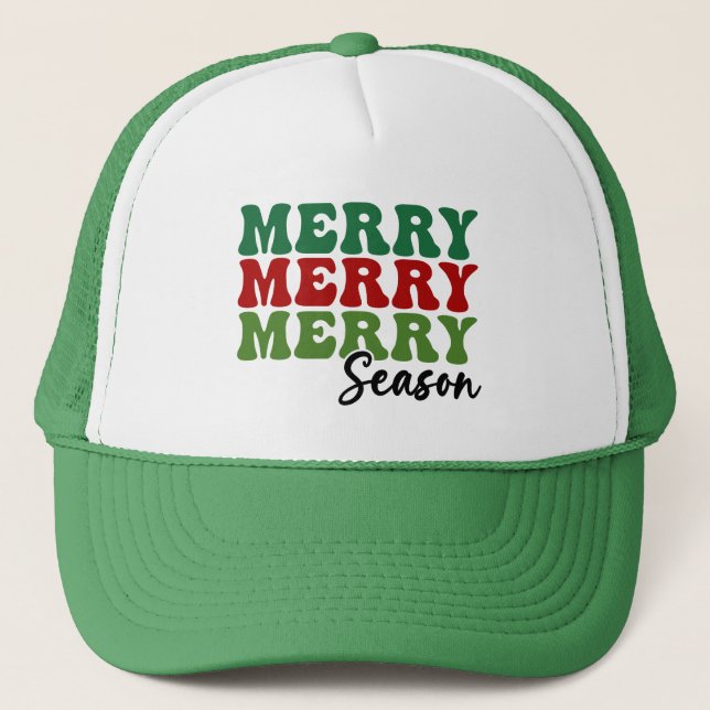 Merry Merry Merry Season - Retro Holiday Art Trucker Hat (Front)