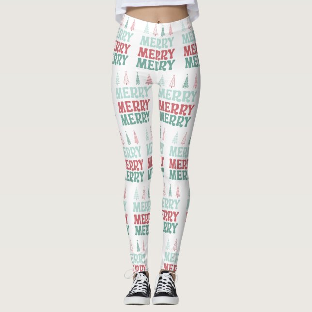 Merry Merry Merry with Pastel Boho Christmas Trees Leggings (Front)