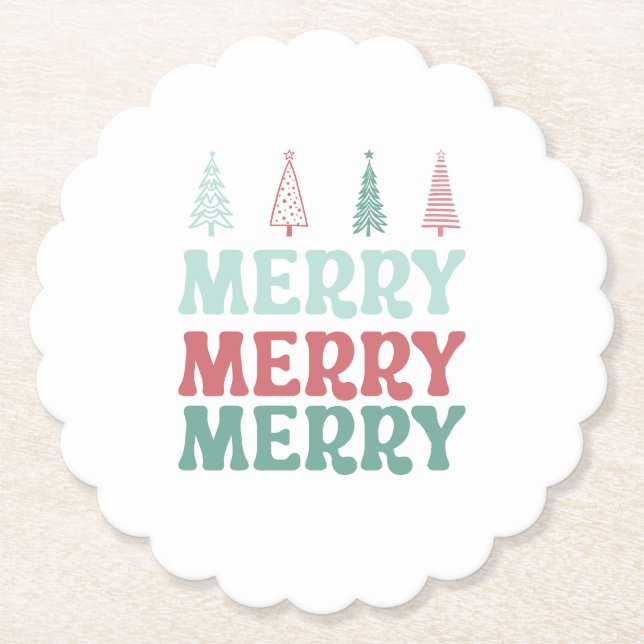Merry Merry Merry with Pastel Boho Christmas Trees Paper Coaster (Front)