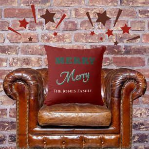 Merry Merry Modern Christmas Green Red Cushion