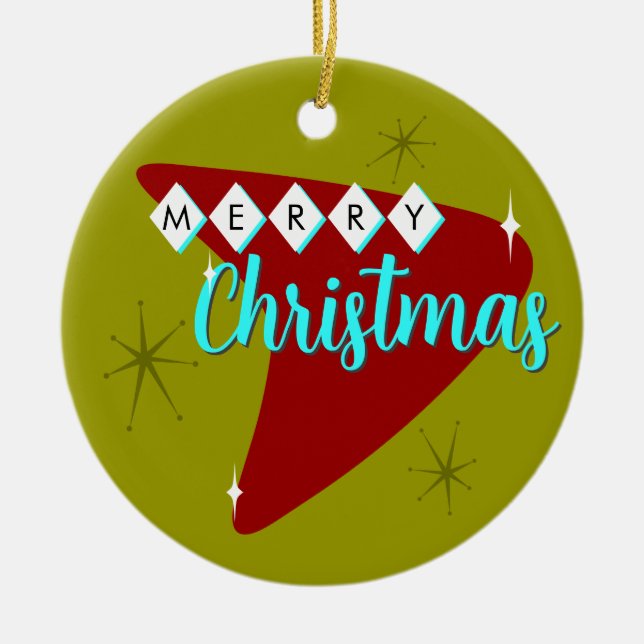 Merry Mid Century Christmas Ceramic Tree Decoration (Front)