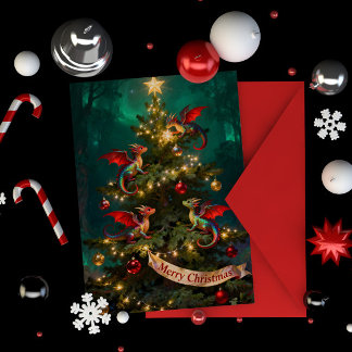 Merry Mischief – Christmas Dragons in the Tree Card
