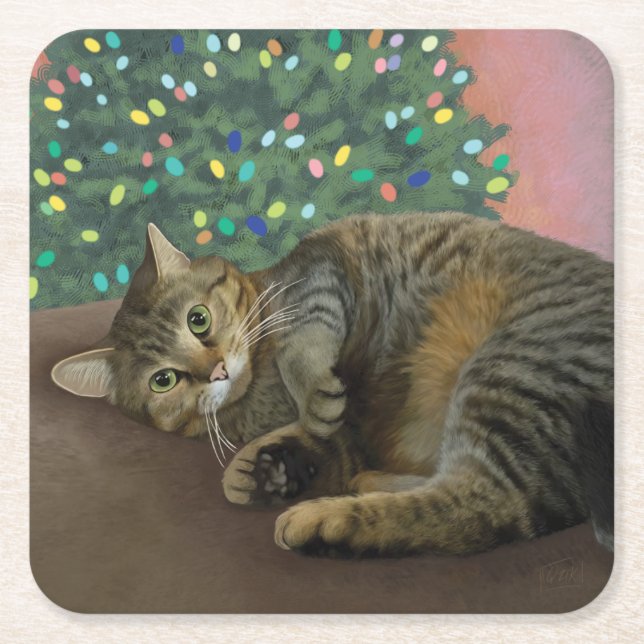 Merry Mischief - Christmas Kitty    Square Paper Coaster (Front)