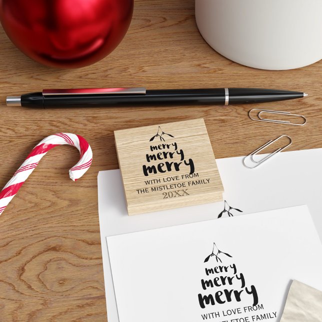 Merry Mistletoe Family Name Christmas Rubber Stamp (Merry Mistletoe Rubber Stamp with space for your family name and year)