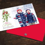 Merry Mistletoe One Photo Christmas  Holiday Card<br><div class="desc">This design features a merry mistletoe Christmas one photo greeting card,  with red and green,  modern botanical style,  an elegant brush script,  winter greenery foliage,  with colourful cute,  simple minimalist,  tis the season holiday photo cards</div>
