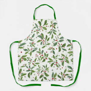 Merry Mistletoe Red Berry Watercolor Christmas Apron