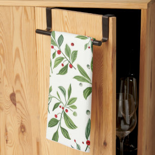 Merry Mistletoe Red Berry Watercolor Christmas Tea Towel