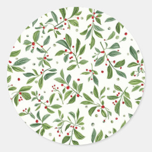 Merry Mistletoe Red Berry White Watercolor Classic Round Sticker