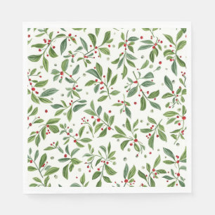 Merry Mistletoe Red Berry White Watercolor Napkin